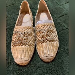 $ 149 Sam Edelman Beige Woven espadrille Raffia Loafers with Jeweled Accent n